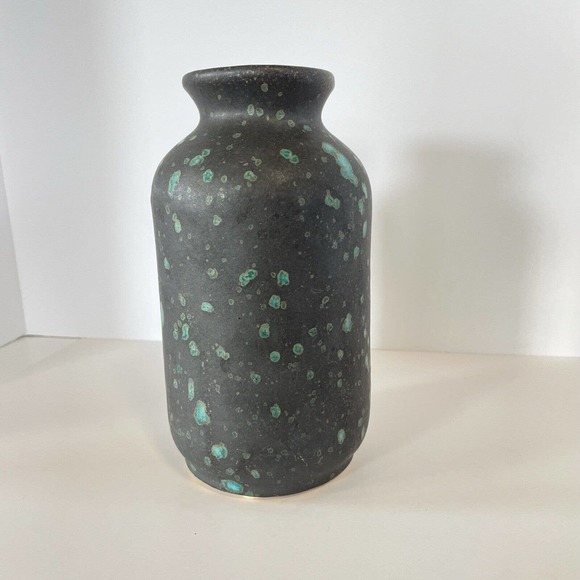 Handcrafted Vase Charcoal Matte Turquoise Splatter Berkus 8in Modern Western - Picture 3 of 9
